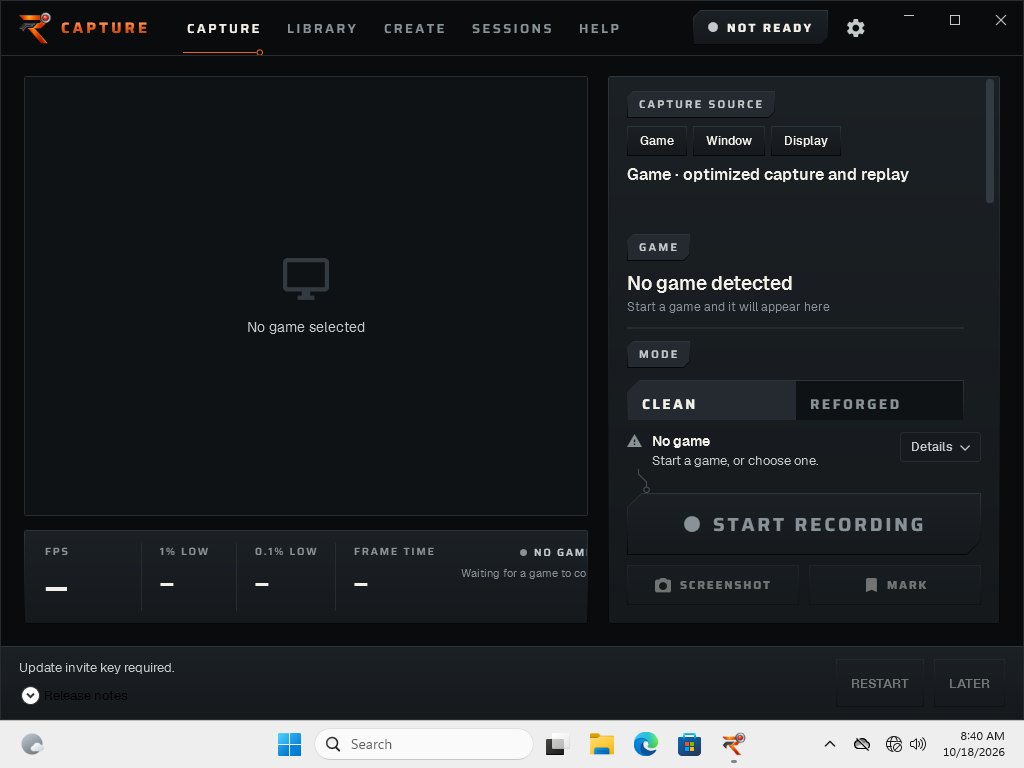 Reforged Capture alpha.11 desktop interface, showing the capture workspace before a recording