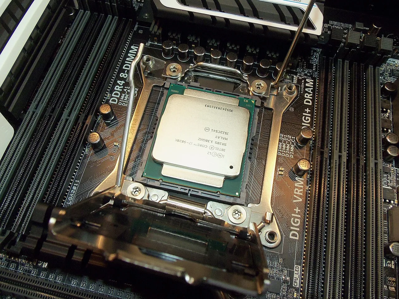 A processor seated in a motherboard during a PC build